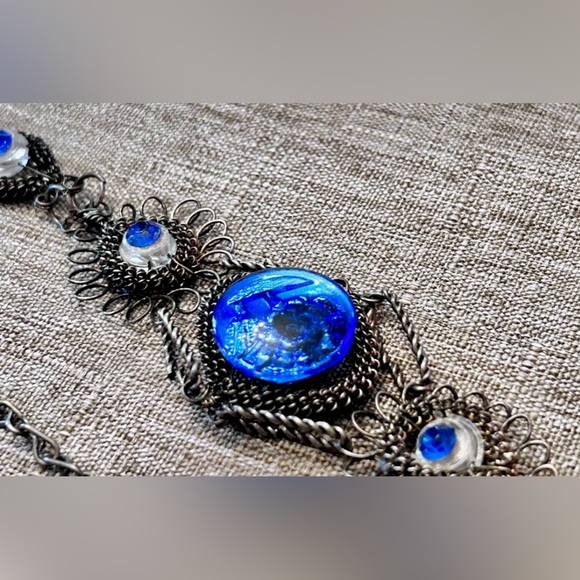 RARE Estate Find! ANTIQUE silver filigree JEWELRY SET PEACOCK SAPPHIRE BLUE - Picture 4 of 7